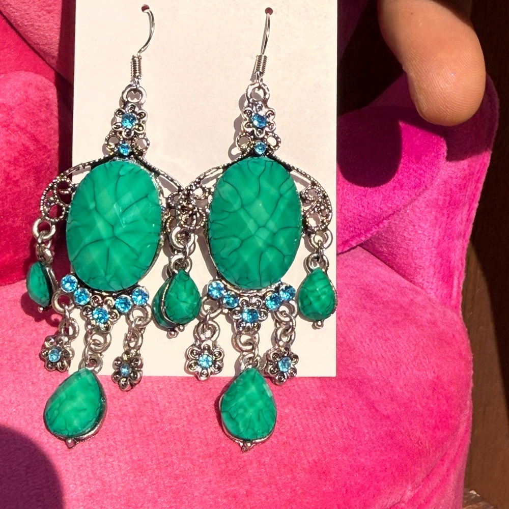 NWT! Glass Crystal Elegant Silver and Turquoise Chandelier Floral Earrings